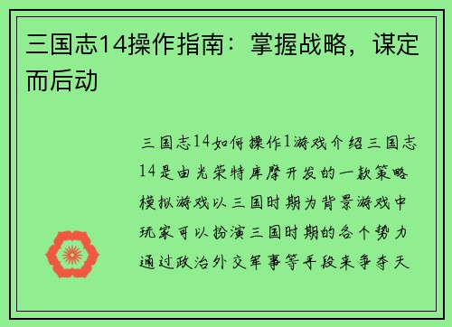 三国志14操作指南：掌握战略，谋定而后动