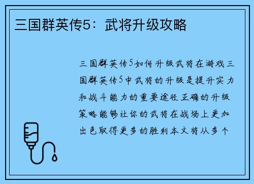 三国群英传5：武将升级攻略